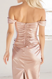 Light Pink Sheath Satin Ruched Off the Shoulder Midi Bridesmaid Dress