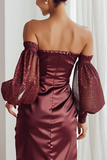 Sparkly Cabernet Sheath Long Wedding Guest Dress with Sequins