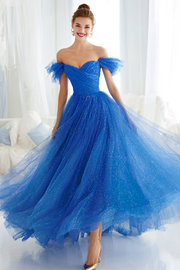 Glitter Royal Blue Tulle A Line Off the Shoulder Maxi Wedding Guest Dress
