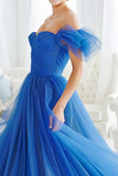 Glitter Royal Blue Tulle A Line Off the Shoulder Maxi Wedding Guest Dress