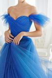Glitter Royal Blue Tulle A Line Off the Shoulder Maxi Wedding Guest Dress