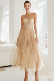 Glitter Champagne Tulle Halter A Line Long Bridesmaid Dress