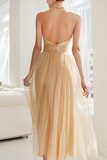 Glitter Champagne Tulle Halter A Line Long Bridesmaid Dress