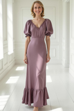 Dusty Purple Sheath Satin V-neck Maxi Bridesmaid Dress with Ruffles