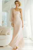 Pink Mermaid Satin One Shoulder Maxi Bridesmaid Dress with Sleeves