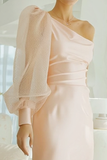 Pink Mermaid Satin One Shoulder Maxi Bridesmaid Dress with Sleeves
