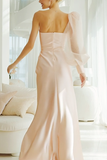 Pink Mermaid Satin One Shoulder Maxi Bridesmaid Dress with Sleeves