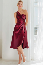 Cabernet Satin A Line One Shoulder Midi Bridesmaid Dress