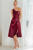 Cabernet Satin A Line One Shoulder Midi Bridesmaid Dress