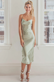 Sage Green Satin Sheath Spaghetti Straps Midi Bridesmaid Dress