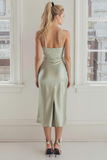 Sage Green Satin Sheath Spaghetti Straps Midi Bridesmaid Dress