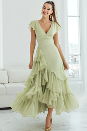 Light Green V-Neck Ruffled A Line Long Flowy Bridesmaid Dress
