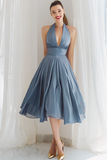 Blue Satin Halter A Line Midi Bridesmaid Dress