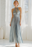 Light Blue Satin Halter Backless Pleated Maxi Bridesmaid Dress