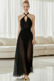 Black Halter A Line Maxi Bridesmaid Dress