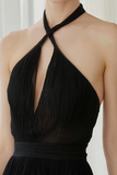 Black Halter A Line Maxi Bridesmaid Dress