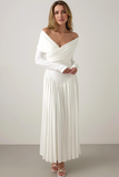 White A Line Off the Shoulder Maxi Wedding Guest Dress with Sleeves