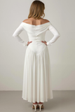 White A Line Off the Shoulder Maxi Wedding Guest Dress with Sleeves