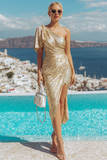 Champagne Metallic Sheath Ruched Midi Wedding Guest Dress with Slit