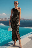 Golden Sheath Metallic Ruched Long Wedding Guest Dress with Slit