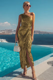 Golden Sheath Metallic Ruched Long Wedding Guest Dress with Slit