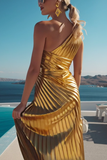 Golden Sheath Metallic Ruched Long Wedding Guest Dress with Slit