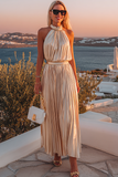 Champagne Metallic Backless Pleated A Line Long Wedding Guest Dress