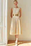 Ivory A Line Boat Neck Pleated Midi Bridesmaid Dress
