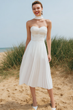 White Sweetheart Pleated A Line Midi Bridesmaid Dress