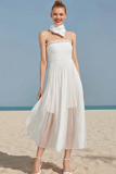 White Strapless Ruched A Line Long Bridesmaid Dress