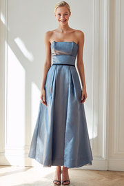Blue Satin Strapless A Line Maxi Bridesmaid Dress
