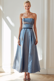 Blue Satin Strapless A Line Maxi Bridesmaid Dress