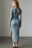 Dusty Blue Sheath Ruched High Neck Maxi Wedding Guest Dress with Sleeves