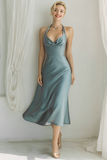 Dusty Blue Halter Satin A Line Midi Bridesmaid Dress