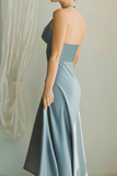 Dusty Blue Halter Satin A Line Midi Bridesmaid Dress