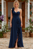 Navy Ruffled A Line One Shoulder Maxi Bridesmaid Dress with Slit
