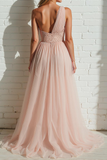 Sparkly Light Pink A Line One Shoulder Long Bridesmaid Dress with Sequins