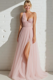 Sparkly Light Pink A Line One Shoulder Long Bridesmaid Dress with Sequins