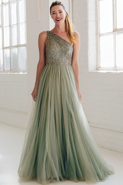 Sparkly Sage Green A Line One Shoulder Maxi Wedding Guest Dress with Sequins