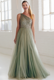 Sparkly Sage Green A Line One Shoulder Maxi Wedding Guest Dress with Sequins