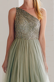 Sparkly Sage Green A Line One Shoulder Maxi Wedding Guest Dress with Sequins