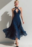 Navy A Line Halter Chiffon Maxi Bridesmaid Dress