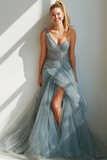 Sparkly Dusty Blue Tulle A Line Long Wedding Guest Dress with Slit