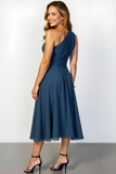 Navy A Line One Shoulder Chiffon Midi Bridesmaid Dress