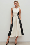 White Black Patchwork Round Neck A Line Long Wedding Guest Dress