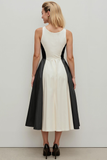 White Black Patchwork Round Neck A Line Long Wedding Guest Dress