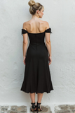 Simple Black A Line Off the Shoulder Midi Wedding Guest Dress