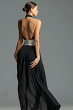 Black White A Line Halter Backless Maxi Wedding Guest Dress with Slit