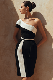 Simple Black White Bodycon One Shoulder Short Wedding Guest Dress