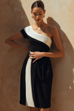 Simple Black White Bodycon One Shoulder Short Wedding Guest Dress